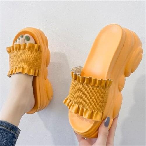 New Summer Style Chunky Candy Colors PU Leather Pleated Womens Platform Open Toe Slippers Fashion Sweet Girl 6CM Wedges Sandals