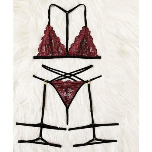 Garter bra+set Fashion Women Sexy Lingerie Solid Lace Solid Seamless Babydoll Cut-Out low-Rise Wire Free Bra+Garter+Briefs Set