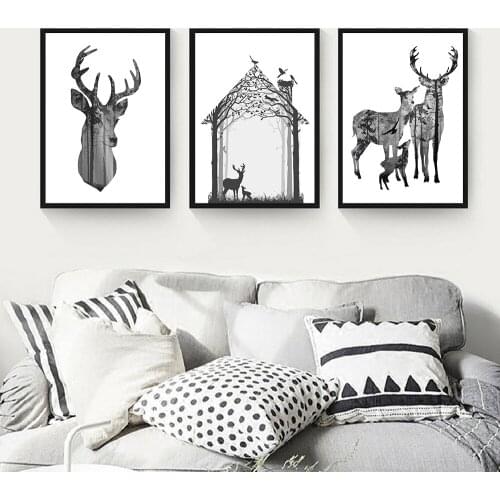 Canvas Painting Nordic Posters And Prints Black White Deer Animal Abstract Wall Art Stickers Pictures Modern Home Decoration