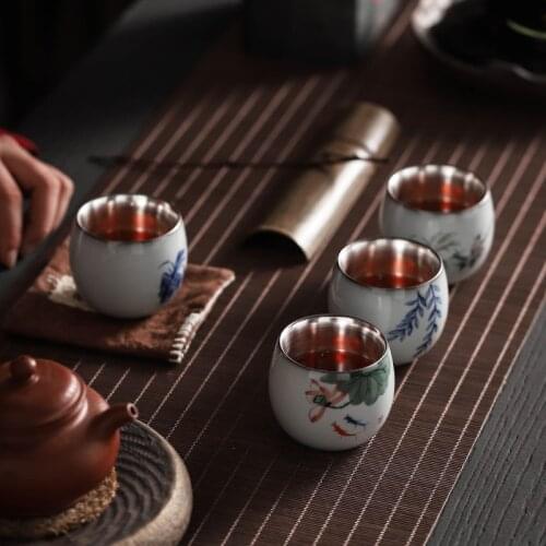 Ceramic Tea Set Kung Fu Silver Tea Cup With Pad Master Cup 999 Pure Silver Handpainted Customized Logo