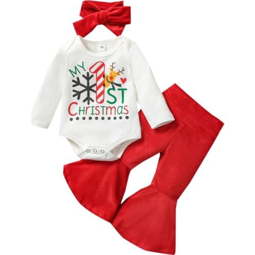 Newborn Baby Girl Christmas Clothes Set Letter Long Sleeve Bodysuit Tops Flare Pants Bow Headband 3pcs Baby Girls Outfit