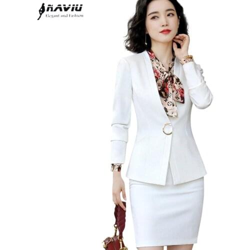 Professional Women Suit 2019 Autumn Winter Fashion Black White Long Sleeve Blazer and Skirt Office Ladies Work Wear