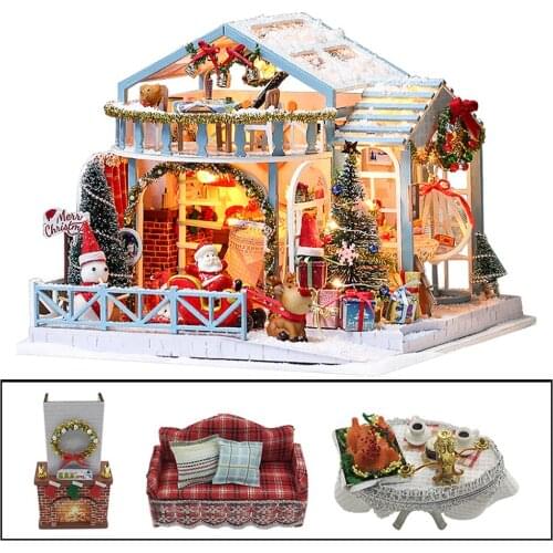 Dollhouse Miniature DIY House Kit Creative Room with Furniture and Glass Cover for Romantic Artwork Gift(Christmas Eve)