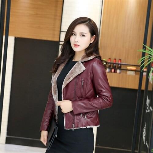 New Ms. Winter plus velvet padded short paragraph PU leather temperament was thin flocked lapel PU jacket AL181001