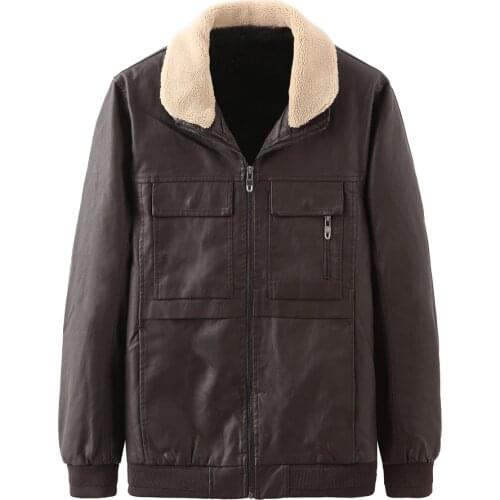 Autumn Winter Leather Jacket Men Fur Collar Thick Warm Fleece PU Faux Leather Motorcycle Jacket Multi-pockets Casaco Masculino