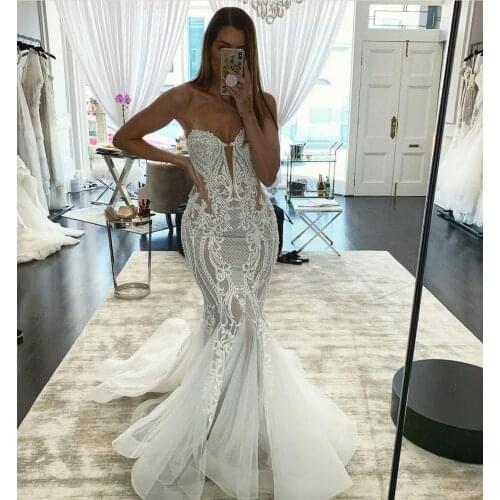 Sweetheart Mermaid Wedding Dress Beaded Lace Appliqued Robe De Mariee Boho Country Bride Gowns