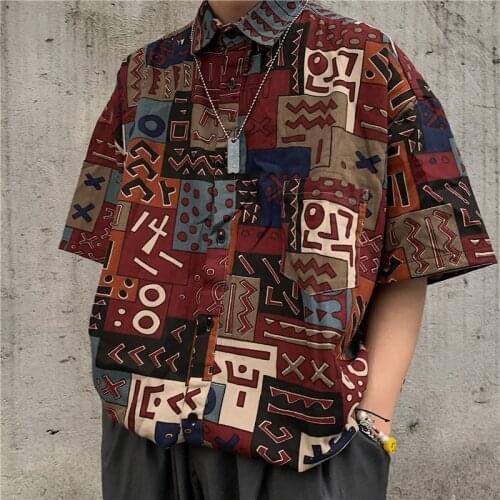 Fashion Summer Korean Vintage Patchwork Pattern Loose Short sleeve Unisex Shirt Tops Streetwear Harajuku Men And Womens Shirts