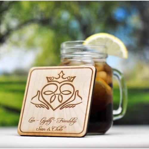 Personalized Laser Engraved Wooden Coaster With Claddagh Design