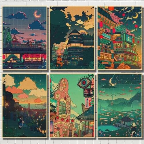 Comics Poster Night Moon Prints Cartoon Japan View Street Landscape Painting Wall Art Kraft Paper for Living Room Home Decor