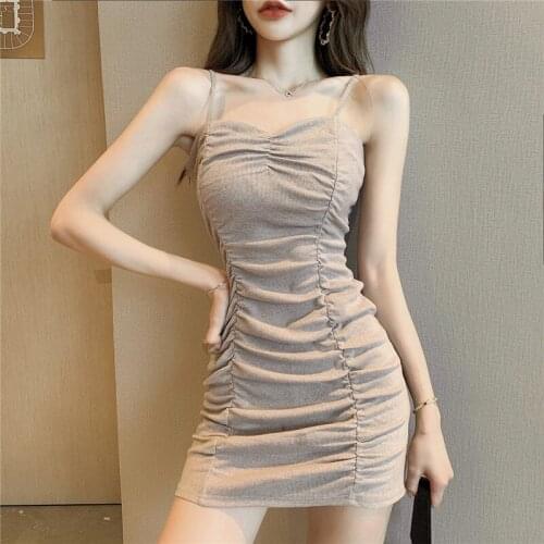 Real shot 2020 summer fashion drawstring folds slim waist slimming bag hip strap bottoming short dress