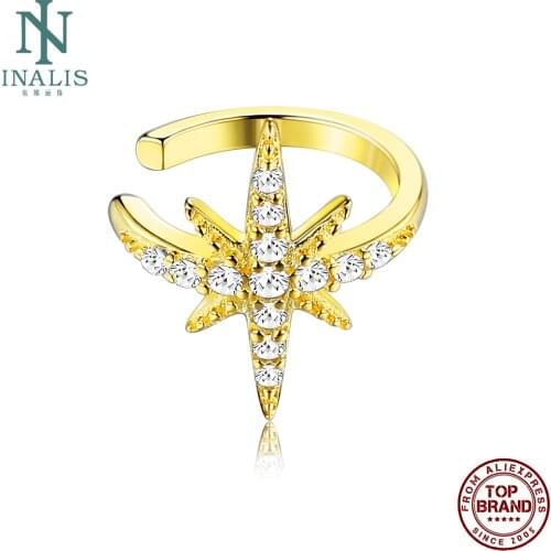 INALIS 925 Sterling Silver Star Shape Clip Earrings For Women Shiny White Round Cubic Zirconia Earring Anniversary Fine Jewelry