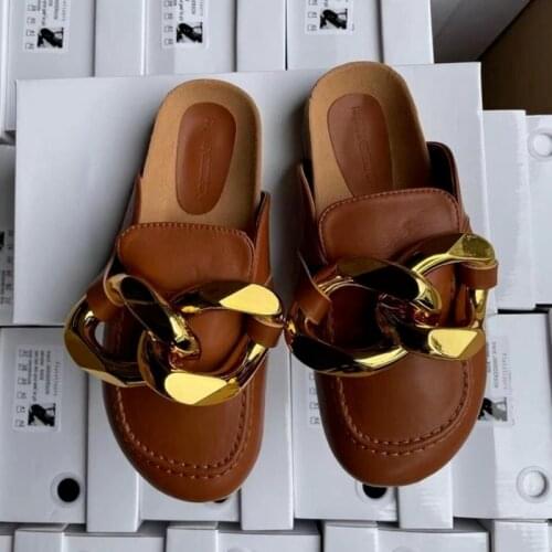 New Womens Slippers Fashion Golden Chain Comfortable Soft Bottom Ladies Summer Mules Large Size Outside Flat Ladies Slides