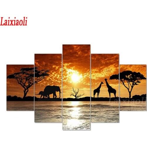 Modern art Africa elephant giraffe Painting diamond with embroidery Home Office Room Decoration mosaic sunset landscape 5 pcs