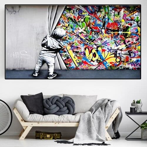 Street Graffiti Art Banksy Behind The Canvas Painting Posters and Prints Wall Art Pictures Cuadros for Living Room Home Decor
