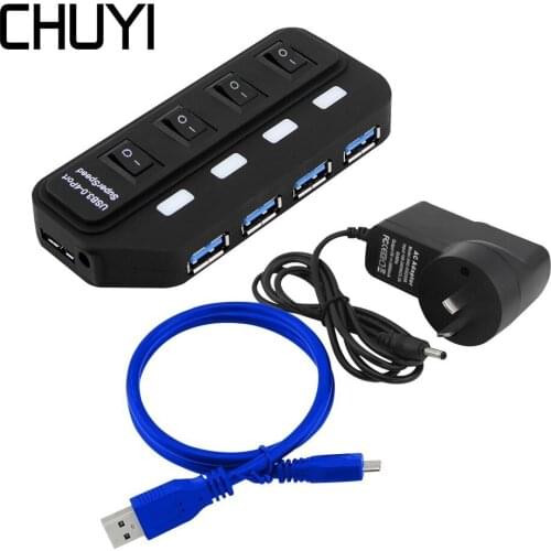 USB HUB 3.0 4 Port USB Splitter LED Light On/Off Switch Micro Hub With EU US Power Adapter For Macbook Pro Computer Accessories