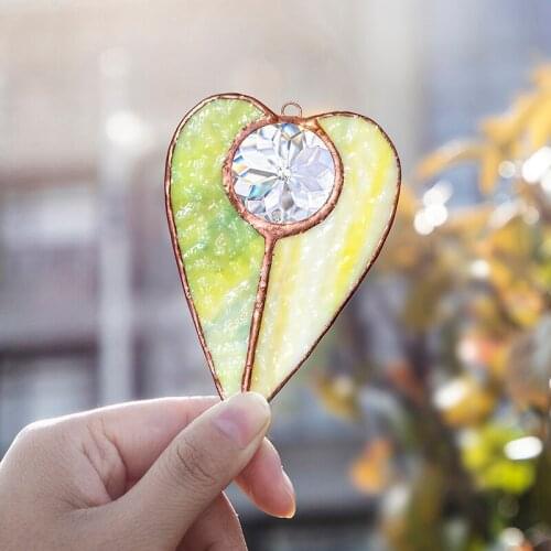 H&D Stained Glass Window Hangings Heart Abstract Art Style Sun Catcher Charms Window Panels for Home Garden Party Christmas Gift