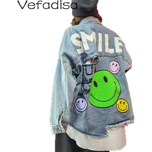 Vefadisa Smile Face Spliced Jacket Women 2021 Spring Patchwork Denim Coat Plus Size Women Hole Denim Jacket Streetwear QYF5120