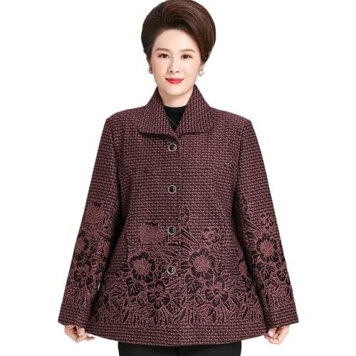 Women Printed Woolen coat Autumn Winter New Casual Woolen coats Plus size Middle-aged womens Long Trench coat Overcoat 50/100kg