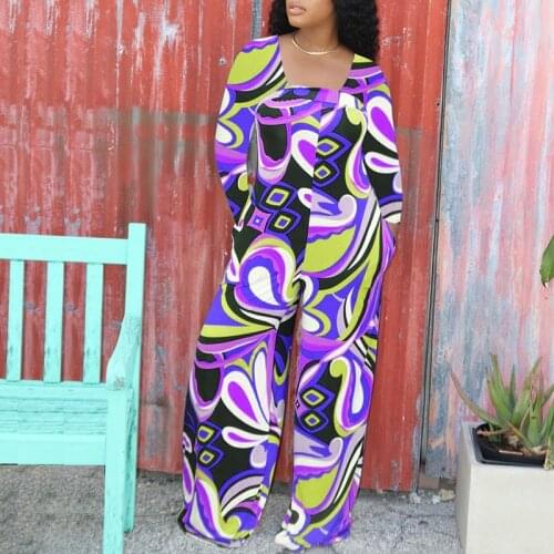 Fall new Jumpsuit Casual Loose Long Sleeve Square Neck printing Wide Leg Jumpsuit fashion Overalls women