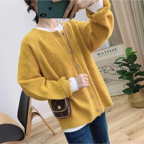 Women Knitted Cardigans Sweater Fashion Autumn Long Sleeve Loose Coat Solid Casual Button Thick V Neck Solid Female Tops 2021