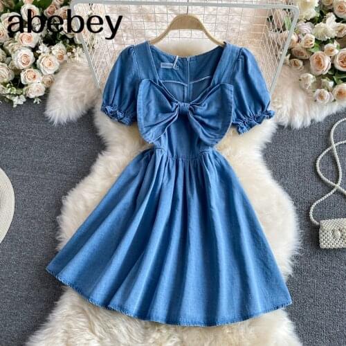 High Quality Solid Denim Dress Women V neck Short Sleeves bow Dresses Summer Streetwear Vintage Vestidos
