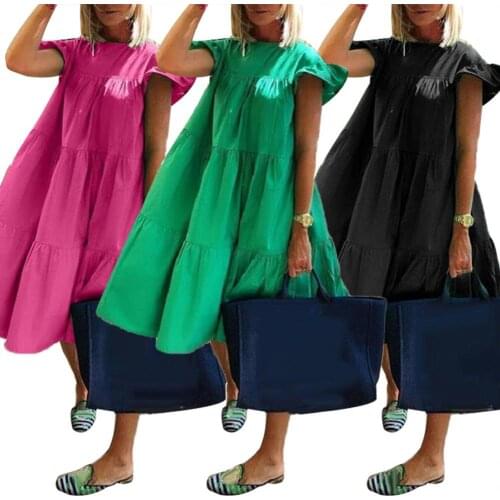 40%HOT Women Casual Solid Color O Neck Ruffled Short Sleeve Large Hem A Line Midi Dress