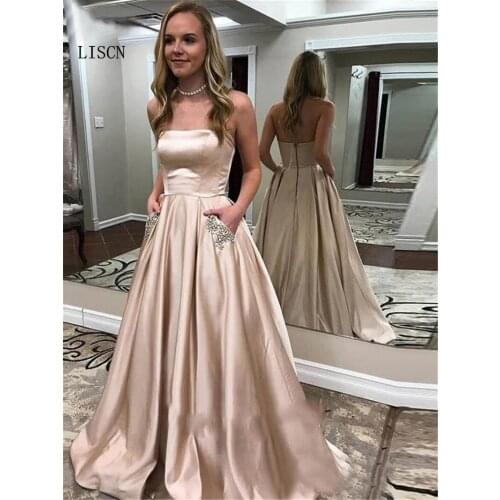 Champagne Backless Rhinestones Strapless Beaded Robe de Soiree Prom Dress with Pockets Formal Party Gowns Silk Satin Sweep Train