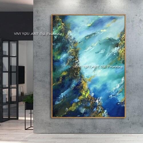 100% Hand-Painted Blue Green New Large Original Abstract Thick Oil Painting Canvas Modern Handpainted Textured Wall Art for Home