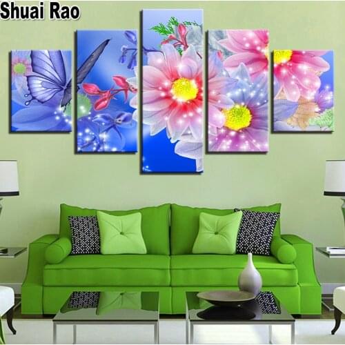 Butterfly Sunflower 5 Panel diamond painting Cross Stitch Full Square Round diamond embroidery Crystal mosaic Wall Art Animal