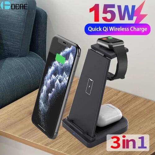 Qi Wireless Charger 15W for Apple Watch 6 5 4 3 2 Airpods Pro 3 in 1 Fast Charging Stand For iPhone 11 XS XR X 8 Samsung S20 S10
