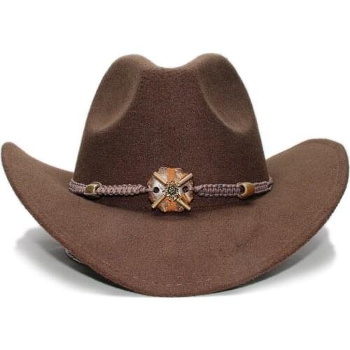Big Large Plus Size Vintage Women Men Wool Wide Brim Cowboy Western Hat Cowgirl Formal Bowler Cap Wood Knitted Bead Band 61cm