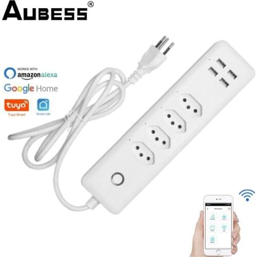 WiFi Tuya Smart Power Strip Brazil Electrical Plug Sockets 4 Way Swiss USB Outlets 1.4m Cord Remote Alexa Google Home Assistant