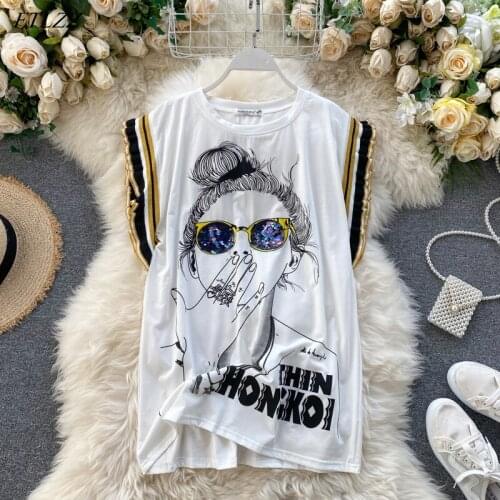 FTLZZ Summer New Arrival Women High Street Blouse Loose Printing Sleeveless T-shirt Ladies Oversized Sequined Fashion Top