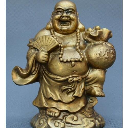 Chinese FengShui old bronze smile Maitreya Buddha Gold bag wealth Buddha statue