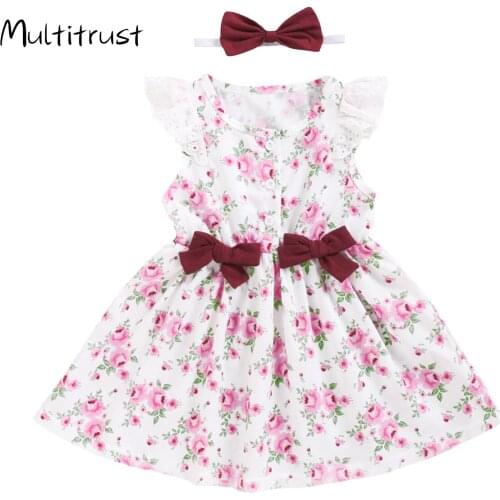 Multitrust 1-5Y Baby Girls Floral Printed A Line Dress with Headband Kids Children Summer Casual Cotton Sleeveless Dress