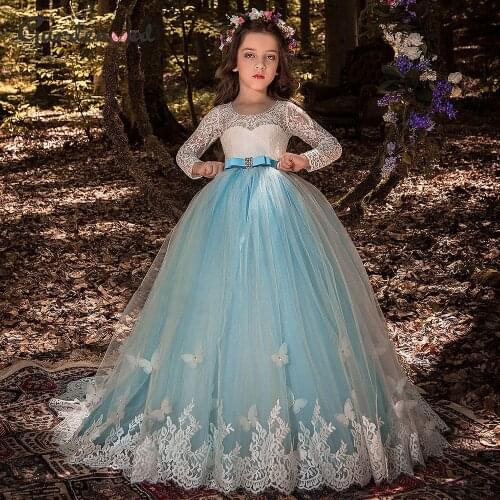 Sky Blue Lace Flower Girl Dress Full Sleeves Transparent Girl Birthday Dresses Puffy Princess Dress First Communion Dress