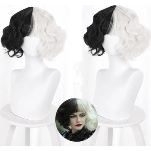 New Movie Cruella Cosplay Wig Half Black and Half White Small Short Curly Hair Heat Resistant Synthetic Hair + Wig Cap