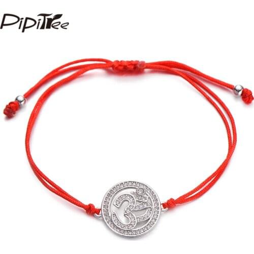 Pipitree Hinduism AUM OM Buddhist Charm Bracelet Red String Handmade CZ Bracelets for Women Men Fashion Jewelry Gift Adjustable