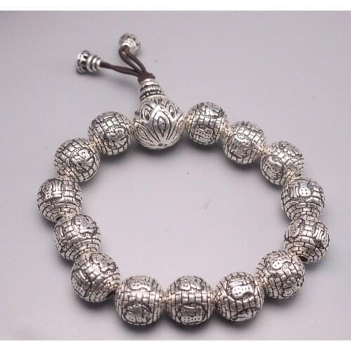 Real 999 Silver Bracelet For Women Man Lucky Sutra 3D Carved Individuality Big 13.5mm Retro Lotus Beads Lucky Bracelet