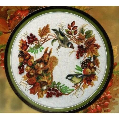 Needlepoint Autumn Wildlife Wreath Cross Stitch Assisi Embroidery Pattern with 100% Cotton Floss & Free Shipping for Wall Decor