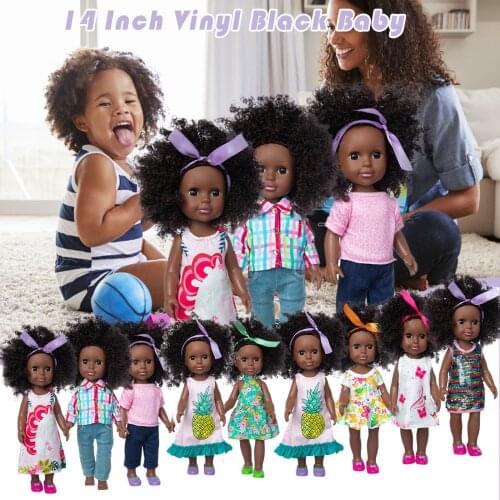 Funny Infant Black African Black Baby Cute Curly Black 14 INCH Vinyl Baby Doll Toy Dress Playing Boy Girls Presents Wholesales