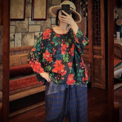Johnature Women Blouses Vintage 2020 Autumn Tops Three Quarter Sleeve Print Flower Casual O-neck Loose Shirts Retro Top