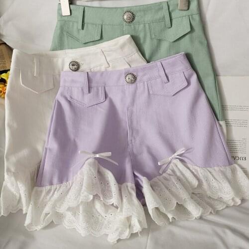 Women Shorts Sweet Hollow-out Lace Ruffle Patchwork Short Feminimo 2021 Summer Causal High Waist Korean Sweet Bowknot Bottoms