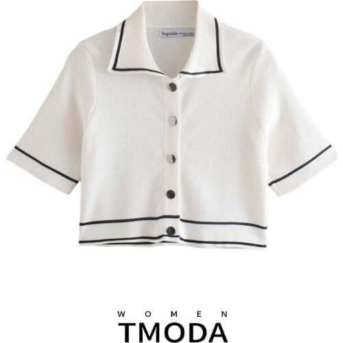 TMODA1731 Za 2021 Summer Women Fashion Matching Stroke Crop Cardigan Sweater Vintage Short Sleeve Knit Tops Female Outerwear