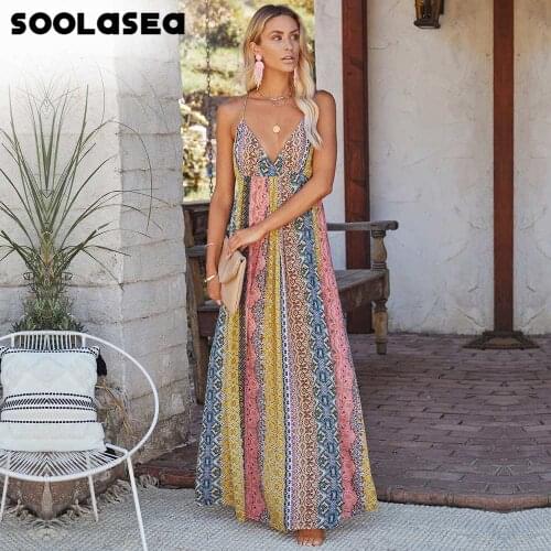 Soolasea 2021 New Casual Long Women Print Dress Boho Female V-neck Dress Summer Spaghetti Strap Ladies Beach Dress Vestidos