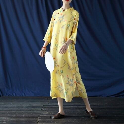Women Loose Autumn Qipao Dress Ladies Print Cotton Linen Dresses Female Cheongsam Dress 2020