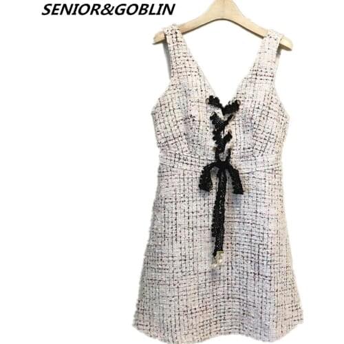 2019 High Quality Small Fragrant Brand Dress Women Autumn Winter Tweed Sexy V-Neck Backless Lace-Up White Overalls Vest Dress