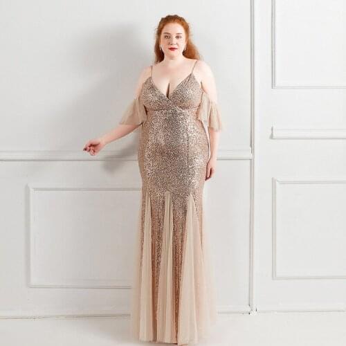 Sequins Sexy Deep V-Neck Evening Dress Simple Elegant Floor-Length Spaghetti Strap Mermaid Plus Size Women Formal Gowns D1280