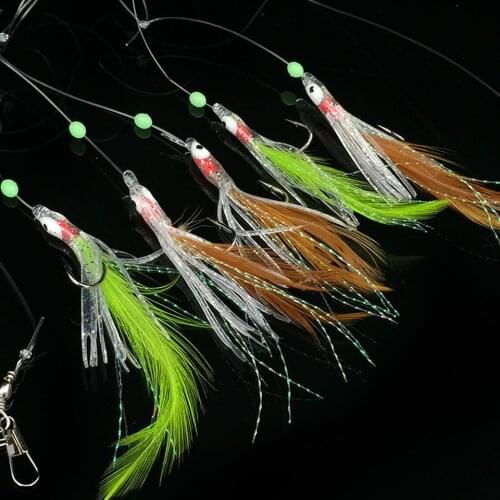 10pcs/Lot Luminous Night Octopus Fly Fishing String Hook 1/0# Offset Ocean Carbon Steel Fishhooks Carp Rigs with Real Feather