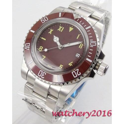 2019 Luxury Fashion Men 40mm Watch Ceramic Bezel Automatic Military Sterile Brown Dial Stainless Steel Band Wrist Watch Business